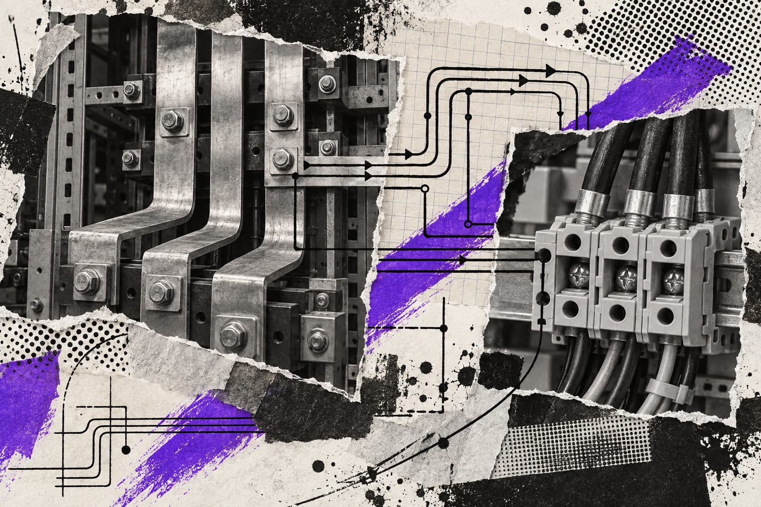 A black-and-white collage of copper busbars and switchgear contacts is crossed by violet paint and black ink lines.