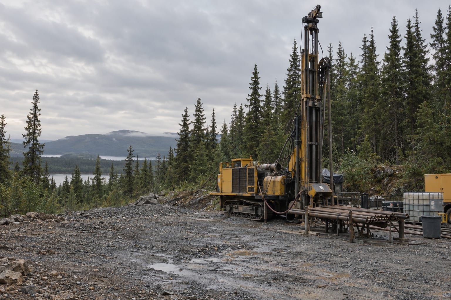 A compact exploration drill rig stands in a clearing beside a conifer forest under an overcast sky.