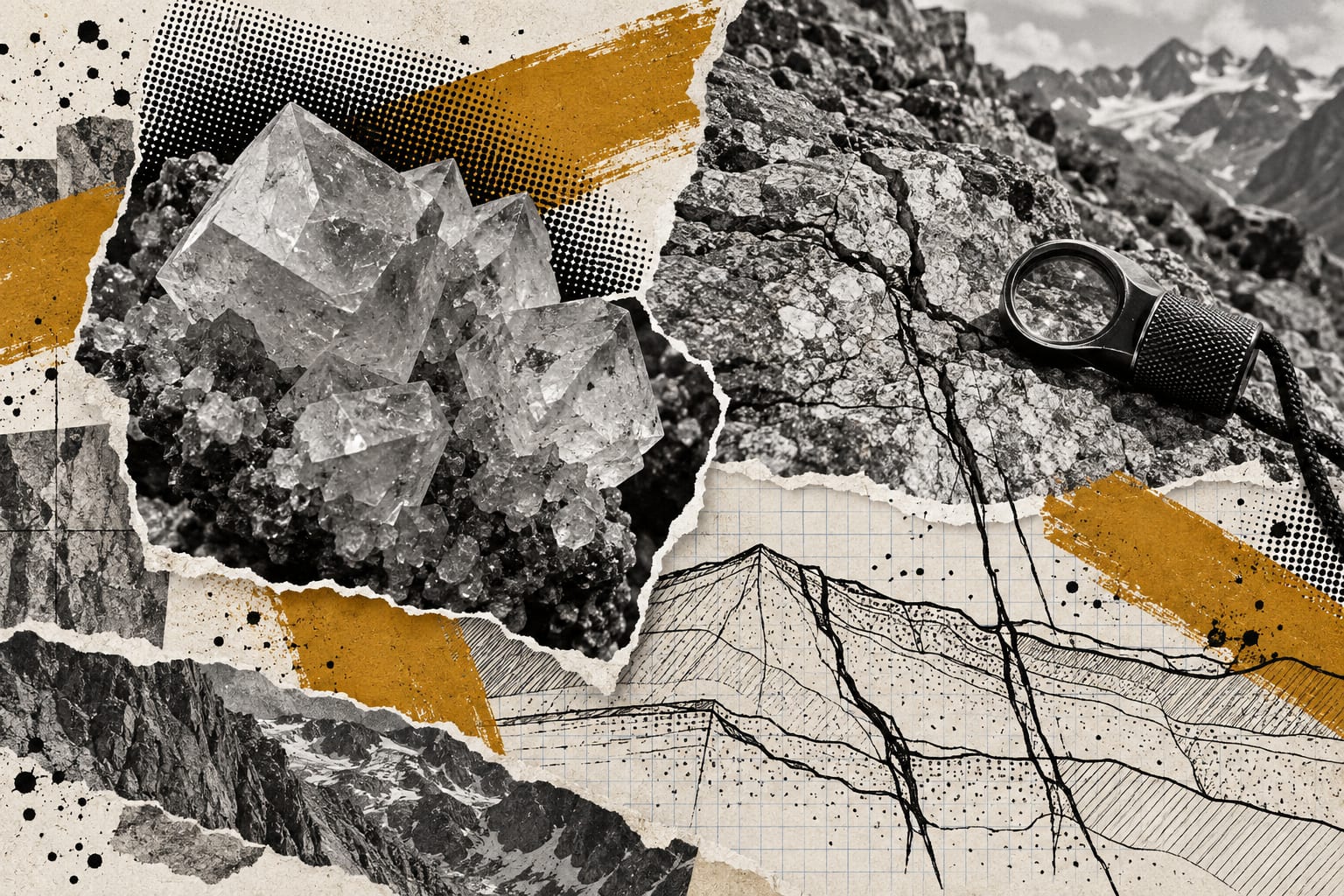 A geological hand lens and a scheelite crystal cluster overlap in a collage with ochre brush strokes.