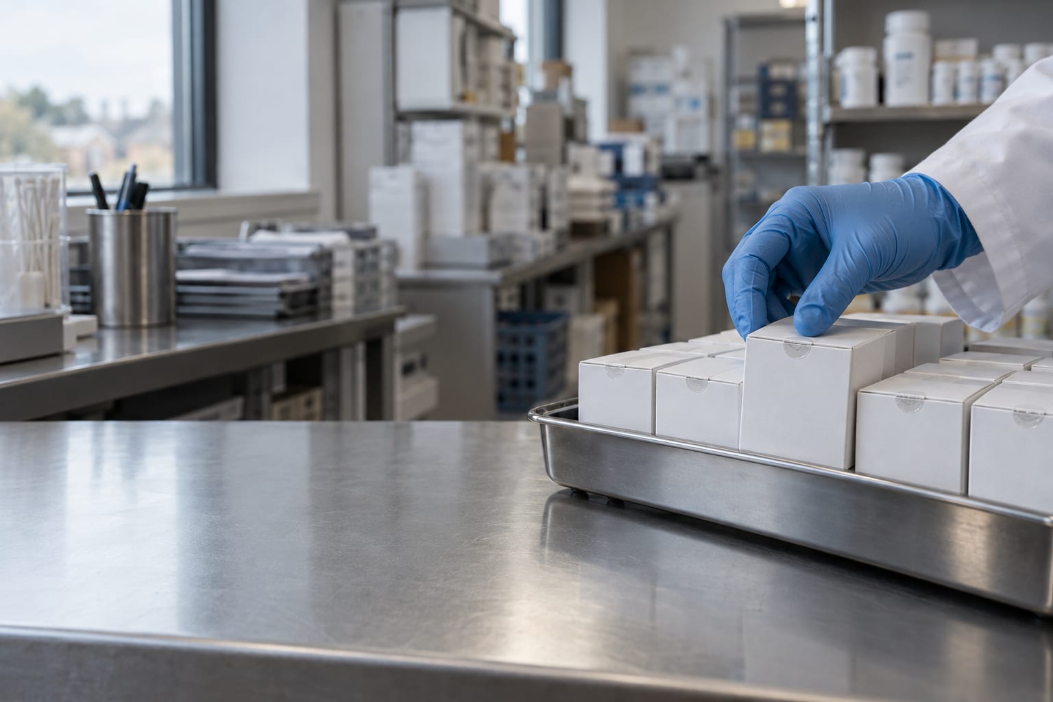A gloved hand checks the seal on an unmarked medicine carton in an anonymous research pharmacy.