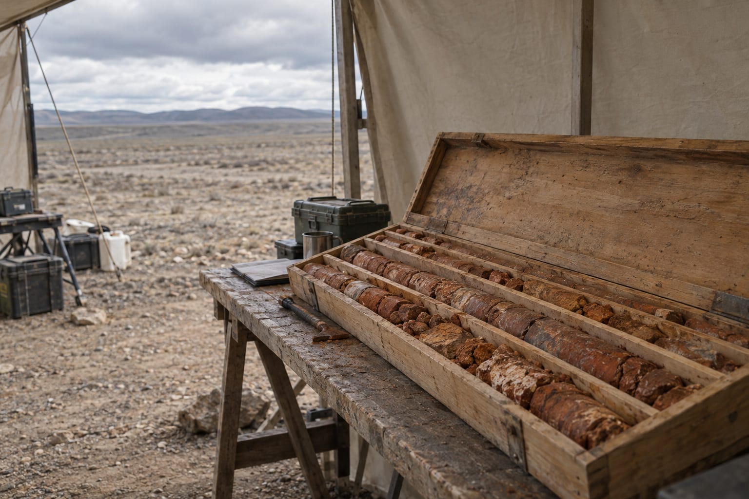 An open wooden tray holds oxide drill core on a bench beneath a field shelter.