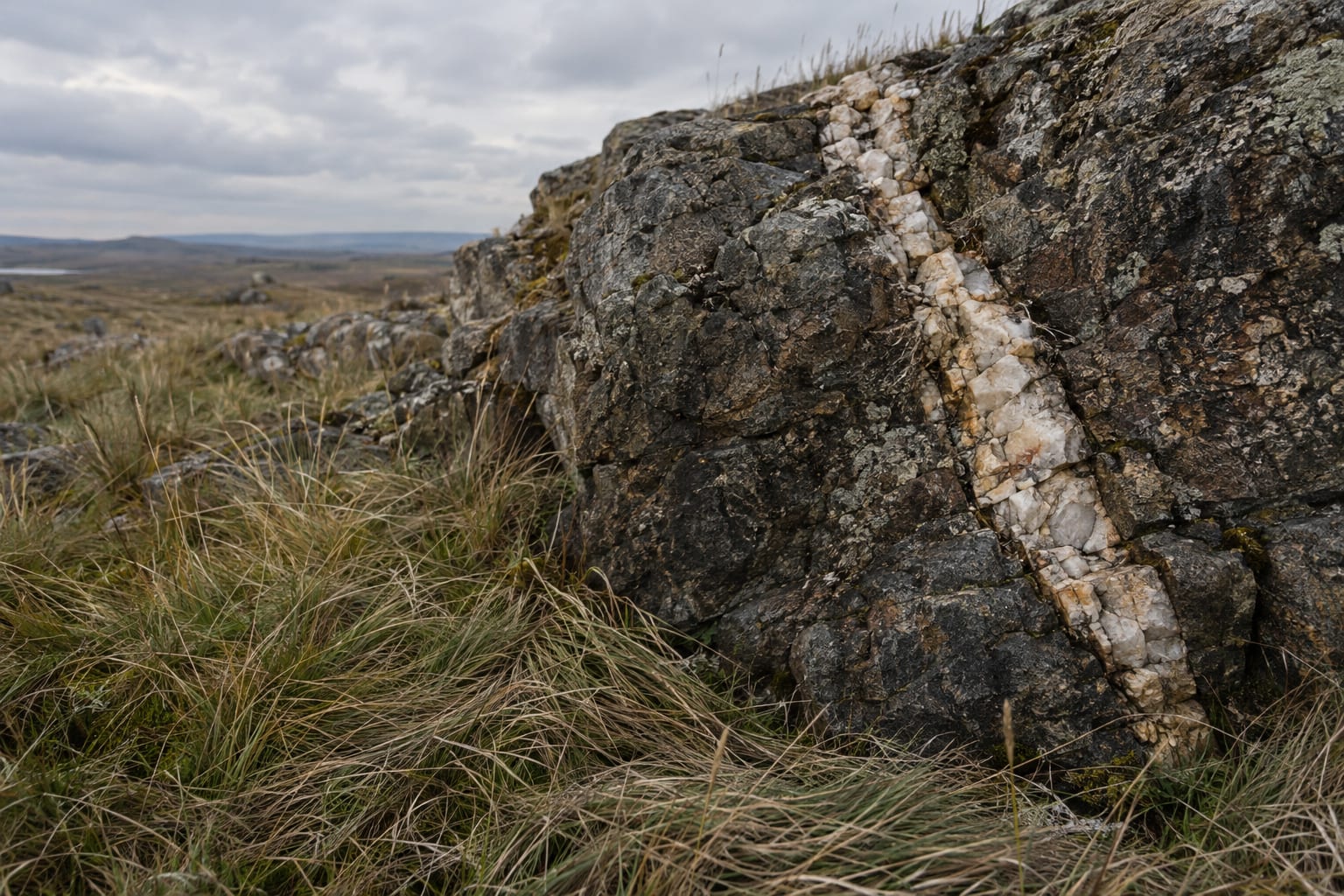 A pale quartz vein crosses dark stone on an open grassland outcrop beneath clouds.