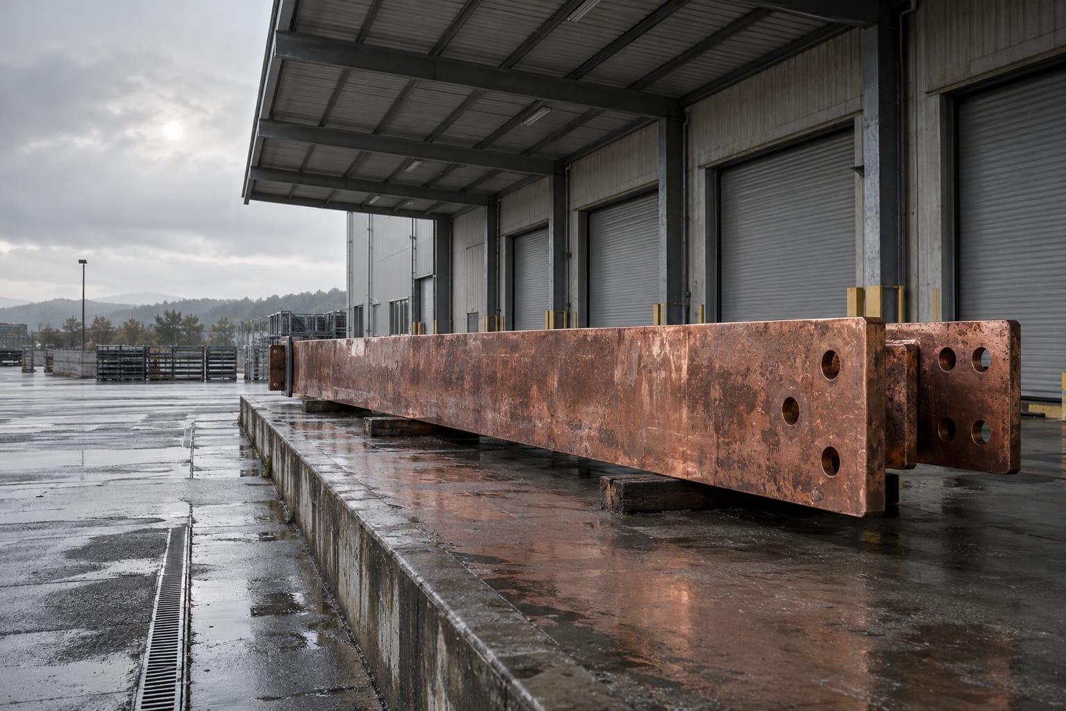 An oversized copper busbar occupies an anonymous industrial loading bay under grey daylight.