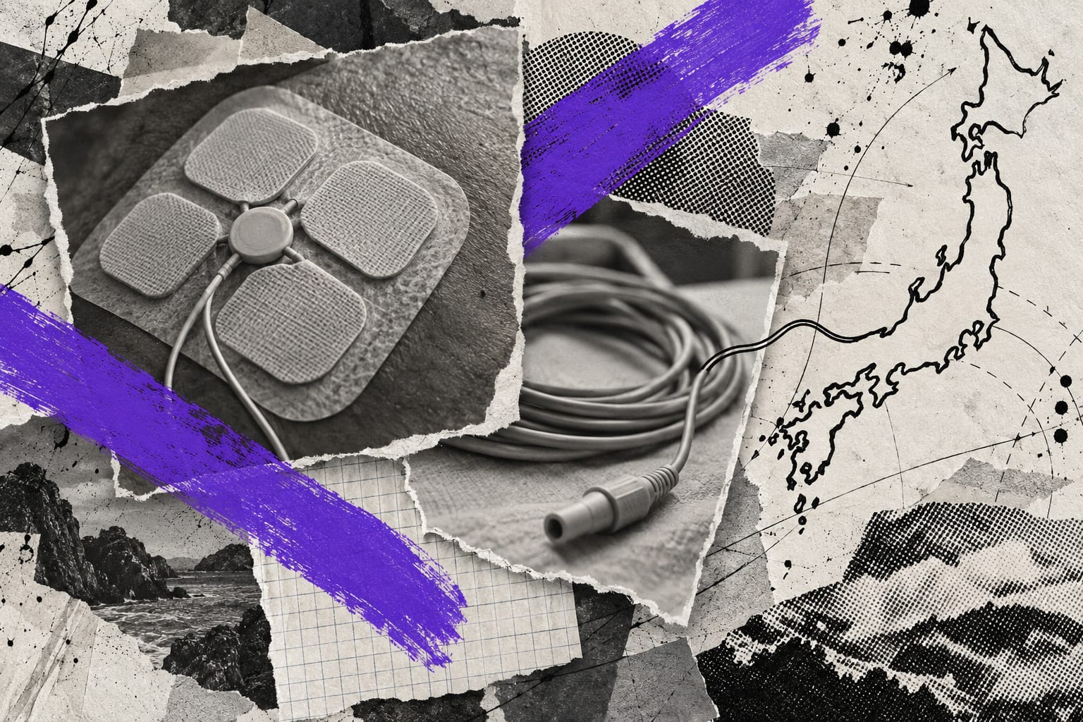 A mixed-media collage shows an unbranded adhesive treatment array, a cable and an ink outline of Japan under violet paint.