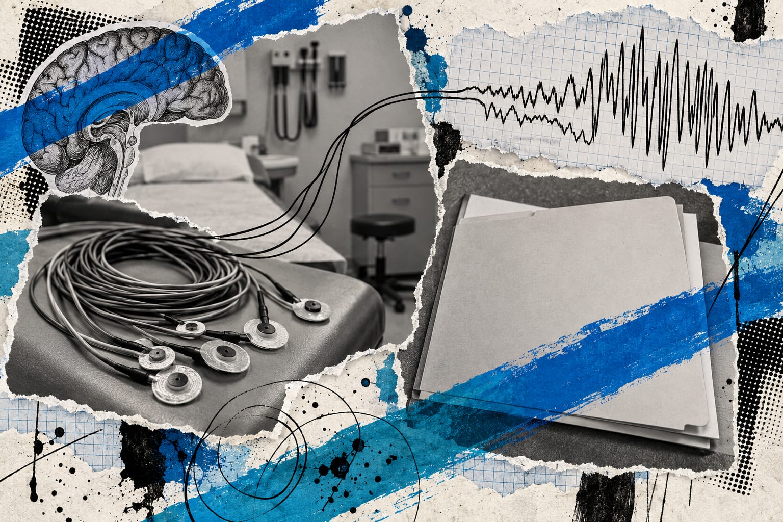 Black-and-white cutouts of EEG leads and a blank clinical trial folder are crossed by cool blue paint and ink.