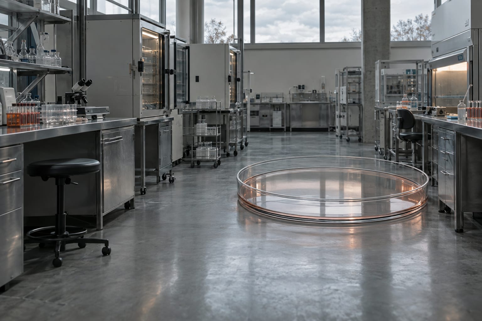 An oversized petri dish stands in an empty research laboratory under bright overcast light.
