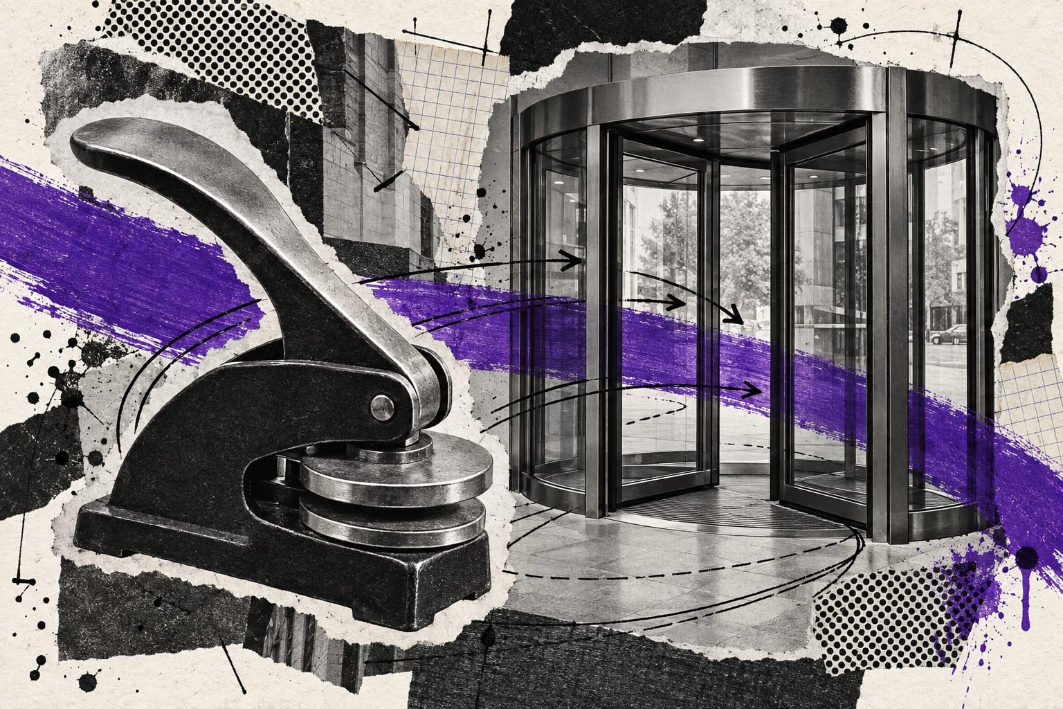 A black-and-white collage shows an unmarked embossing seal and an empty revolving door crossed by violet paint.