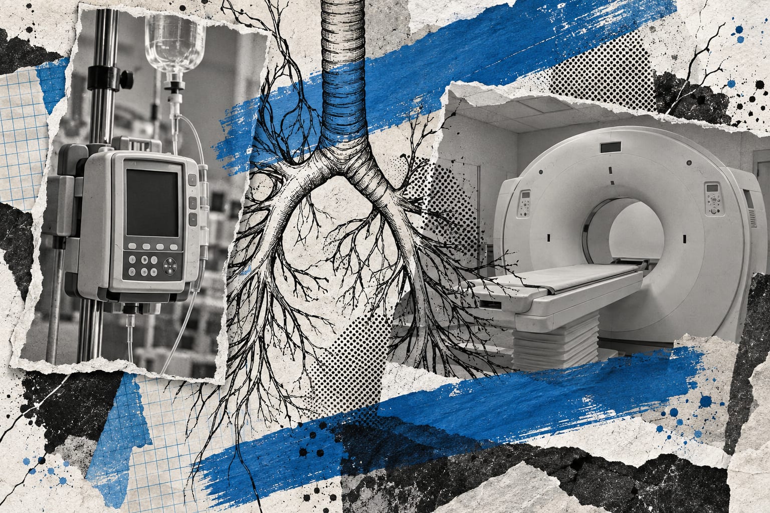 A collage shows an infusion pump and a generic lung imaging machine linked by cool blue ink lines.