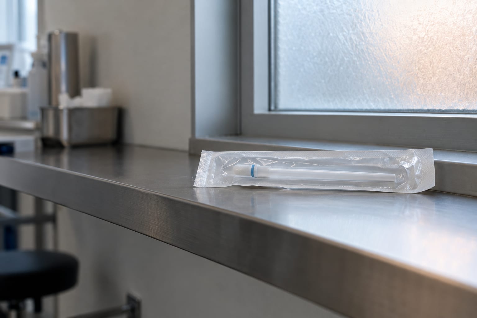 A sealed unbranded ophthalmic applicator rests in transparent sterile packaging on a shelf in a clinical preparation alcove.