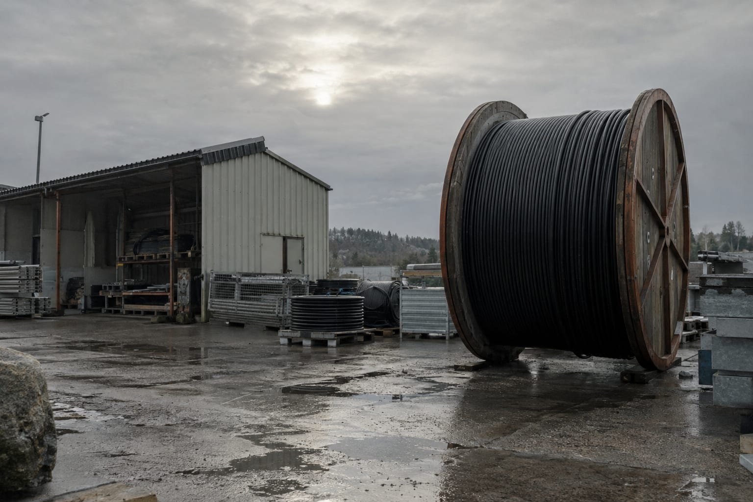 An oversized fibre-optic cable spool stands in a generic telecommunications storage yard under an overcast sky.