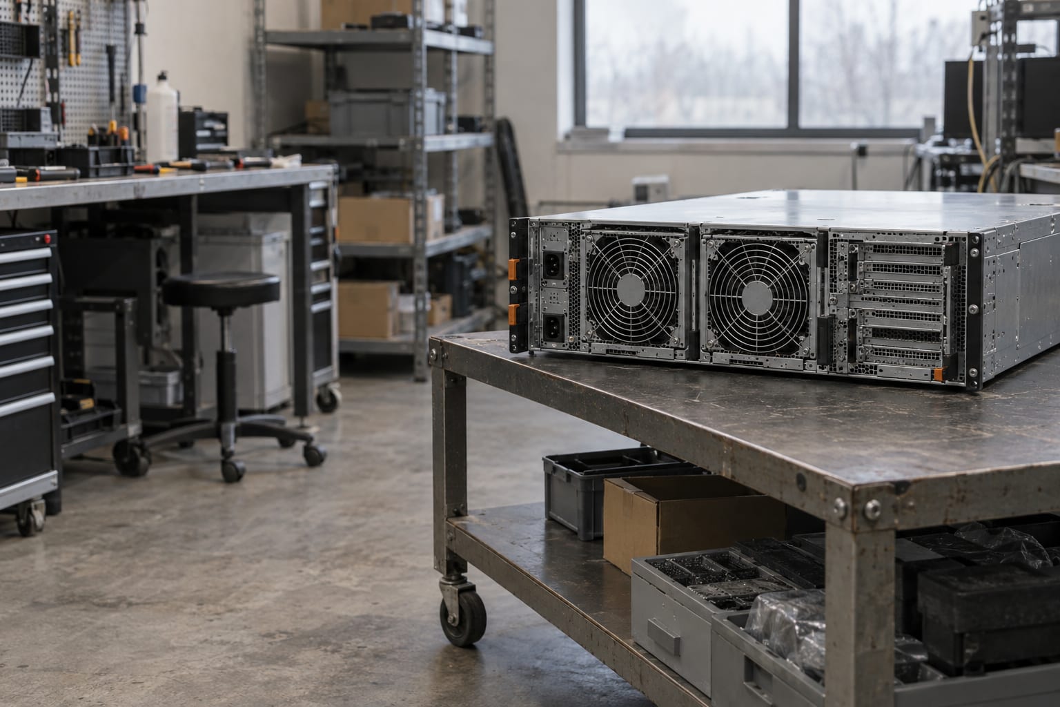 A generic enterprise server chassis rests on a maintenance bench in an equipment repair workshop.