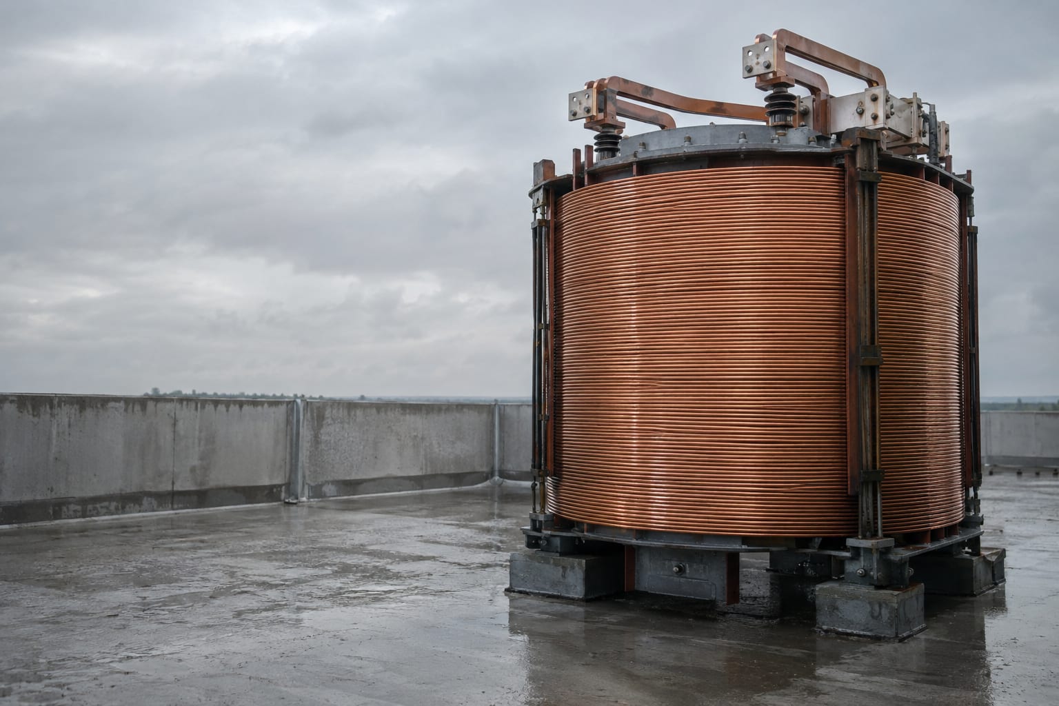 An oversized copper transformer coil rests on the roof of a generic unfinished data centre under overcast skies.