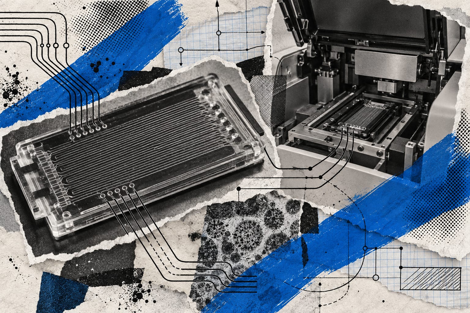 A layered collage combines a sequencing flow cell and an open instrument housing with blue brush strokes and black ink lines.