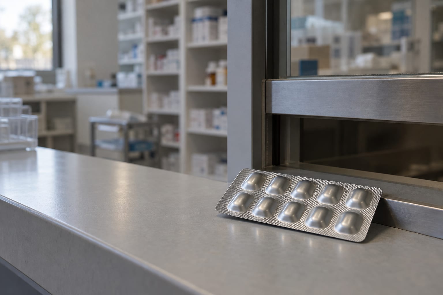 An unmarked silver blister strip rests at a generic clinical trial pharmacy dispensing hatch.