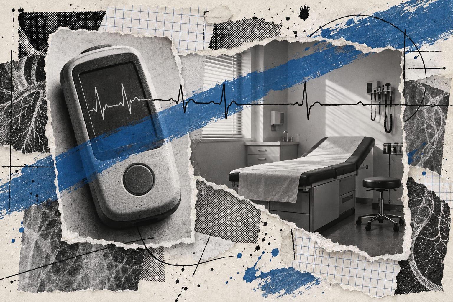 An editorial collage shows an unbranded portable cardiac recorder beside an empty assessment room.