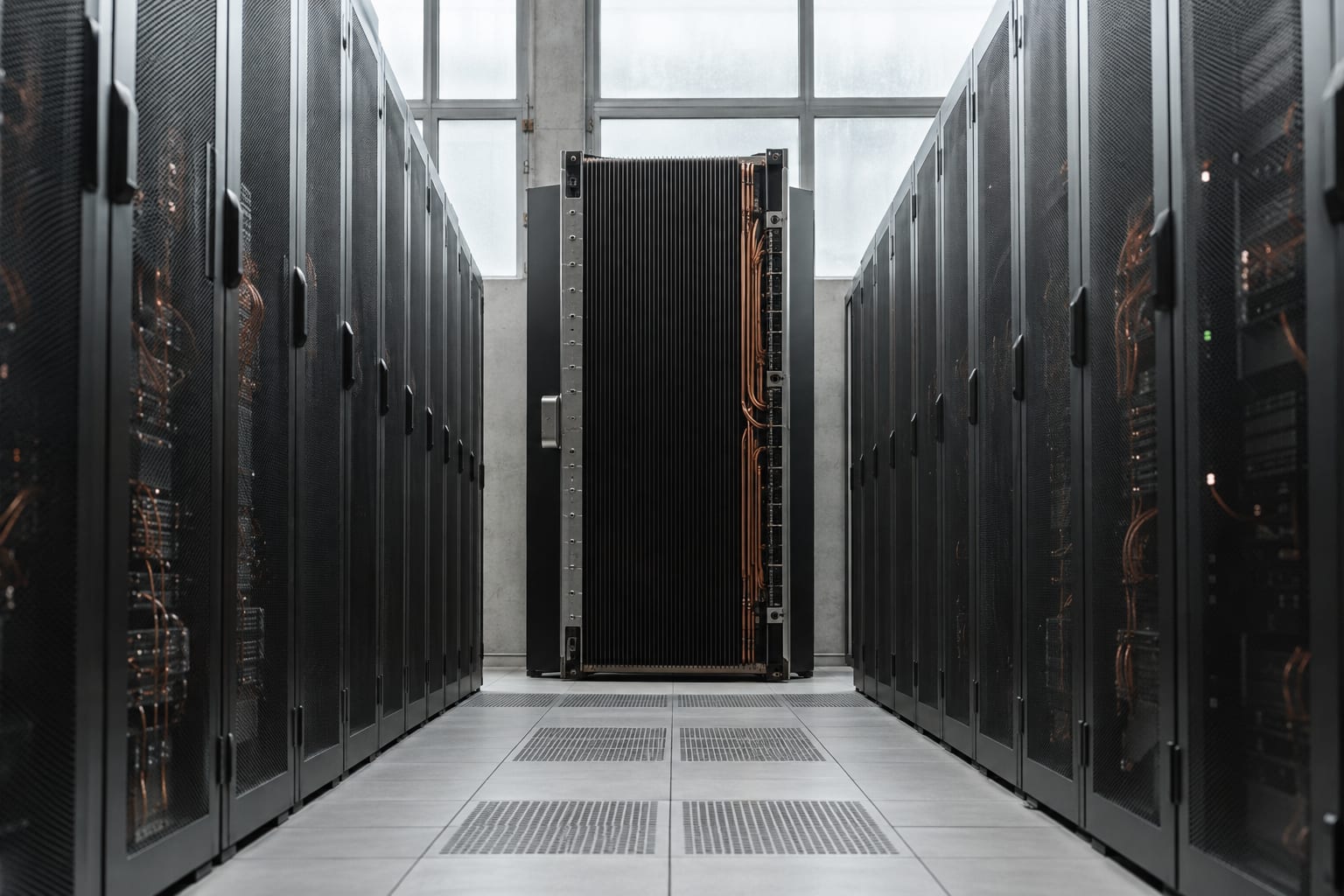 An oversized server blade stands at the end of an anonymous data hall aisle.
