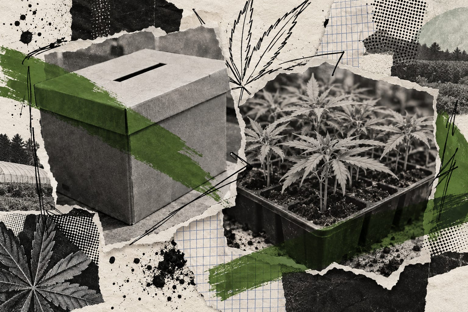 An unmarked ballot box and cannabis seedlings overlap in a textured paper collage.