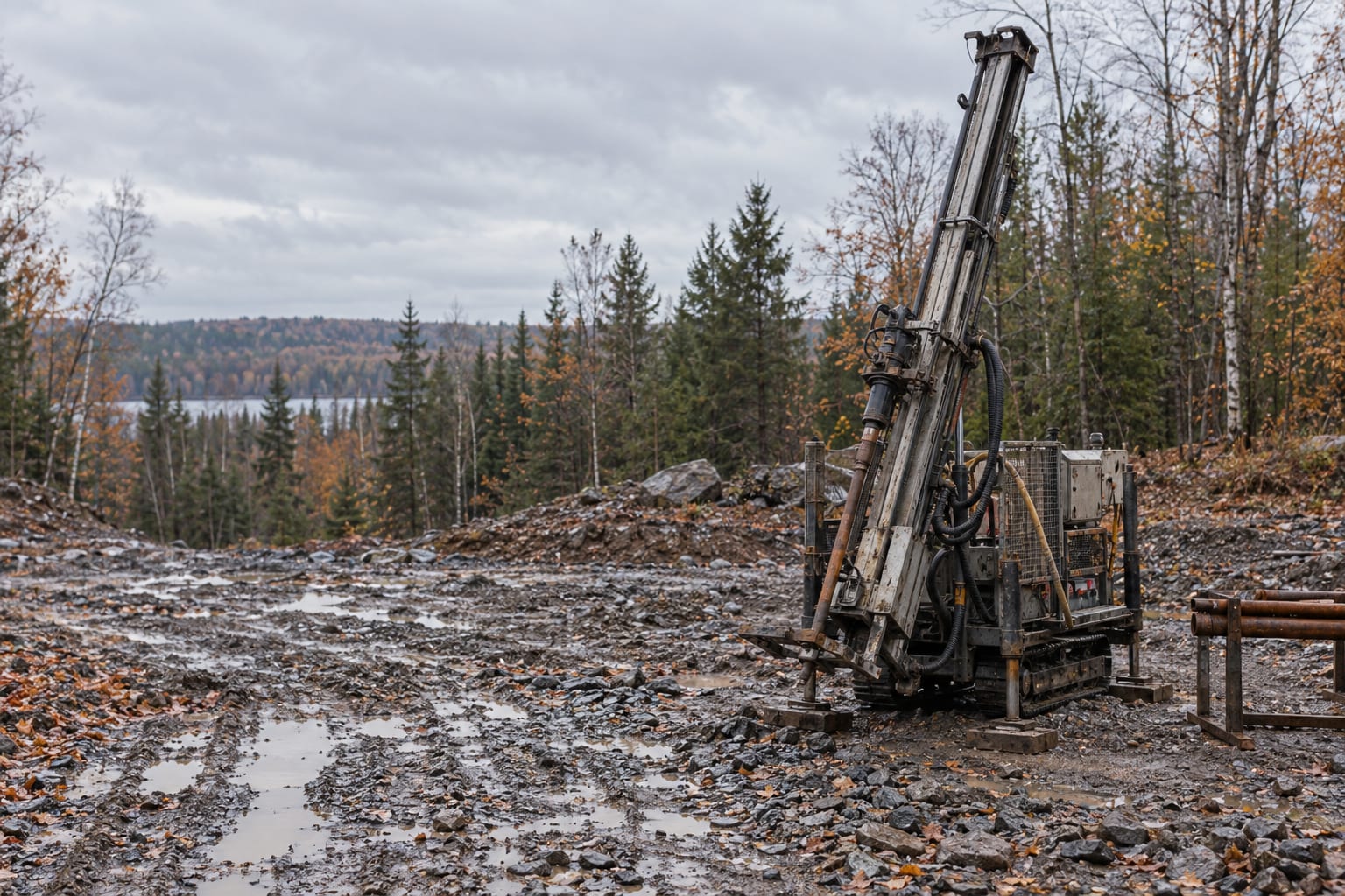 A portable diamond drill mast stands on wet gravel in a northern forest clearing.