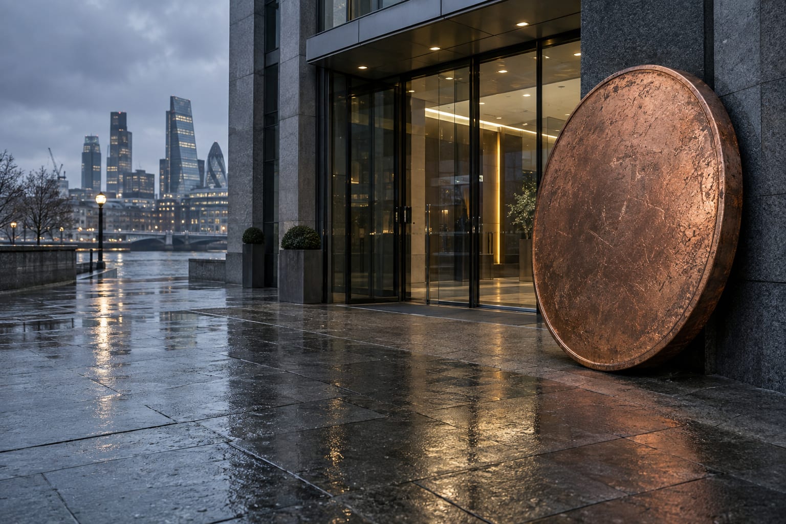 An oversized unmarked copper coin leans outside a glass-fronted office entrance on a rain-wet stone passage.