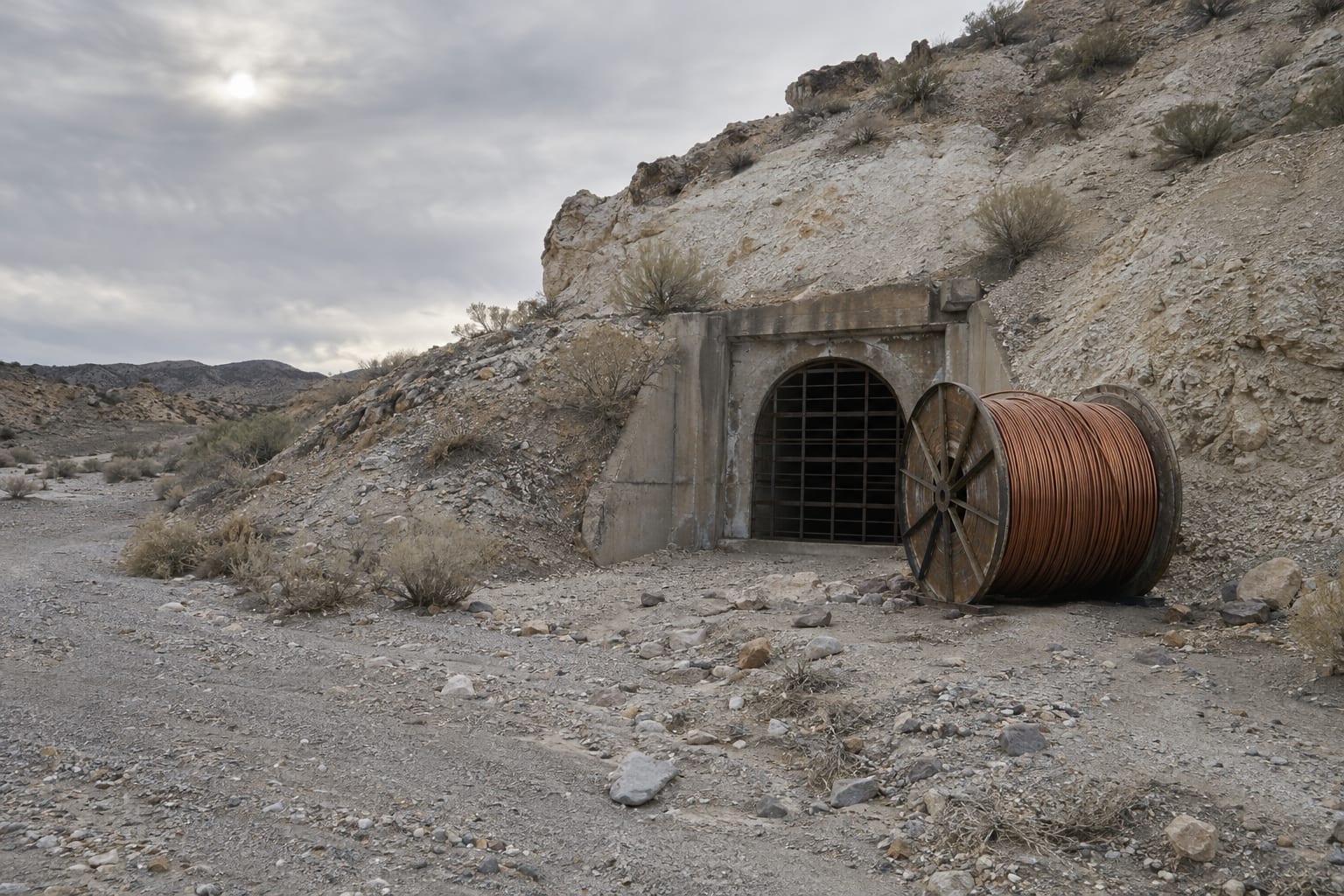 An oversized spool of copper wire stands beside a sealed mine ventilation adit beneath an overcast sky.