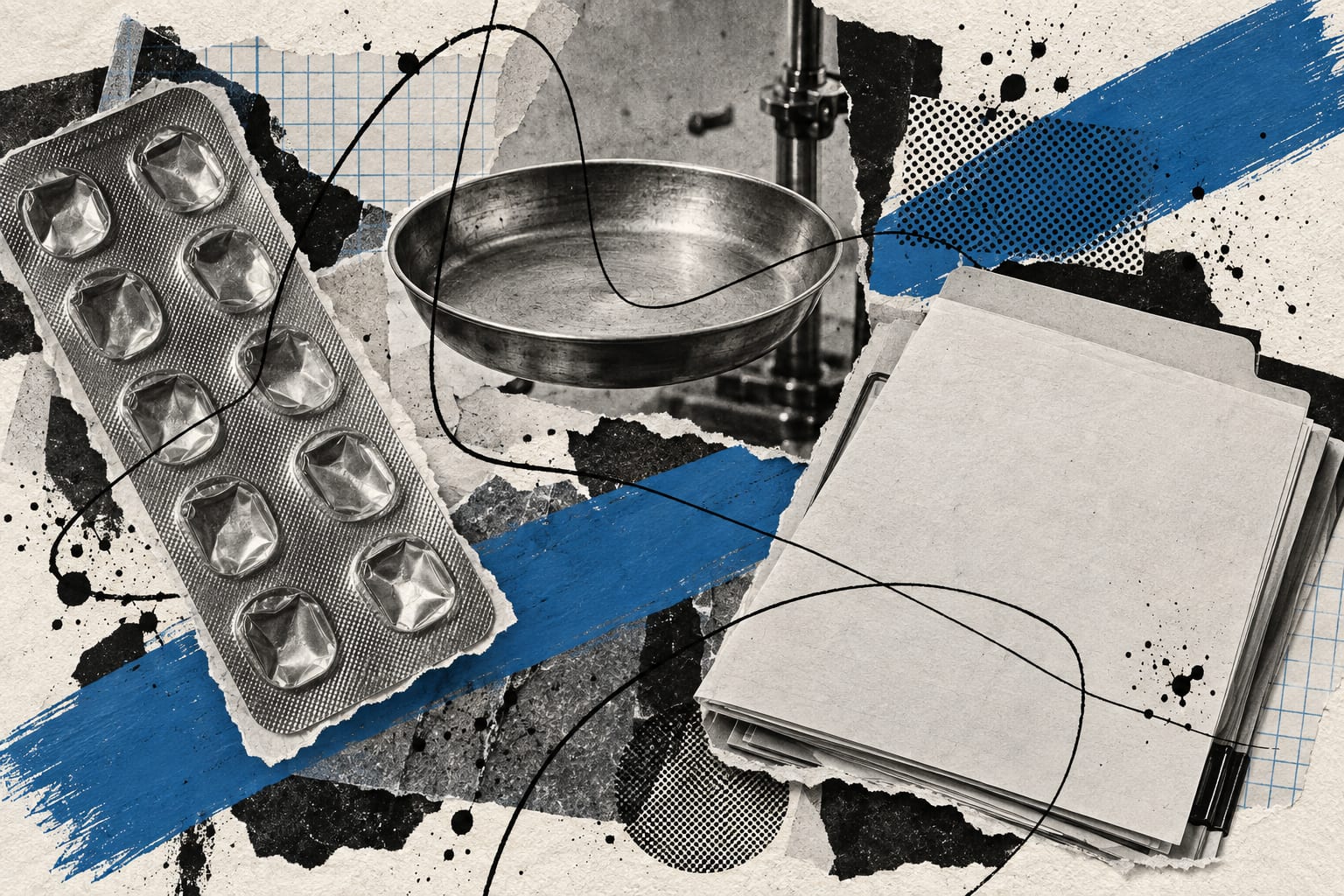 A paper collage shows an unmarked blister pack beside an empty laboratory balance pan with cool blue brush strokes.