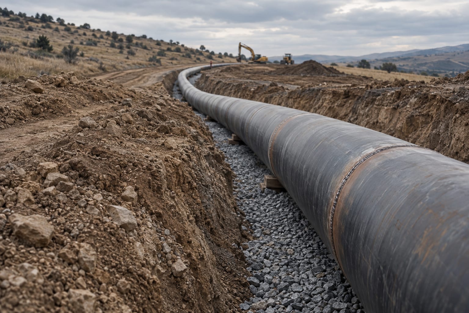 A large unmarked industrial pipeline curves through a trench on a dry hillside under an overcast sky.