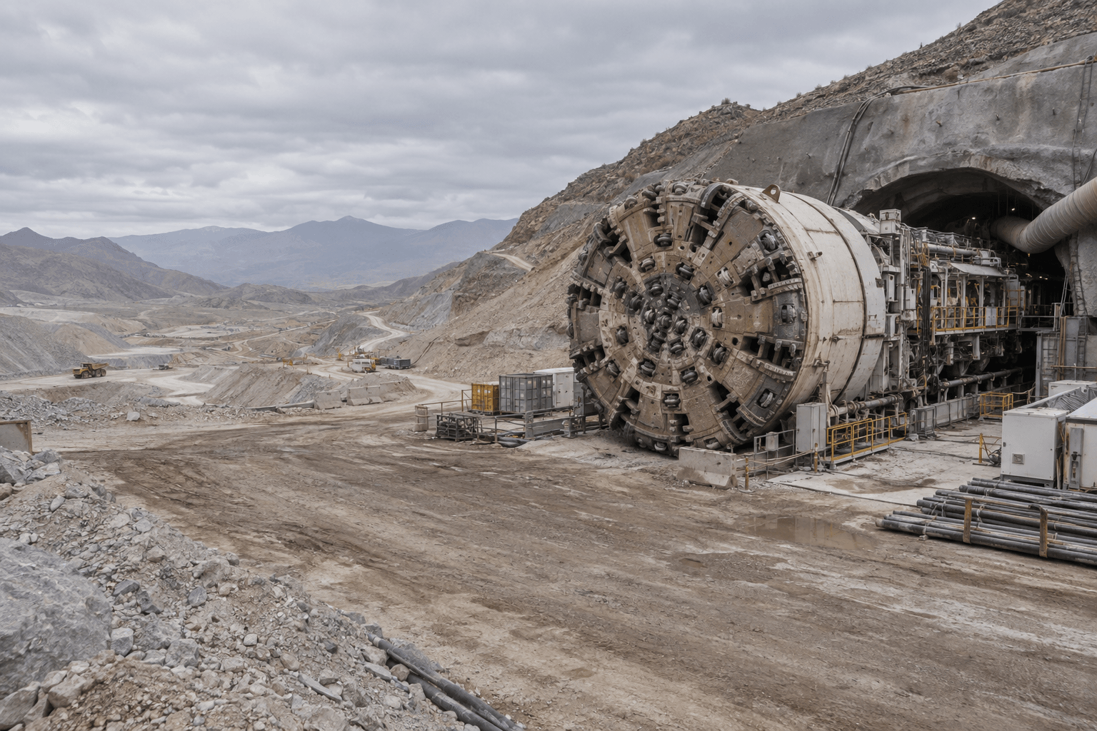 A generated documentary scene shows a tunnel boring machine beside an unfinished mine access decline under grey skies.