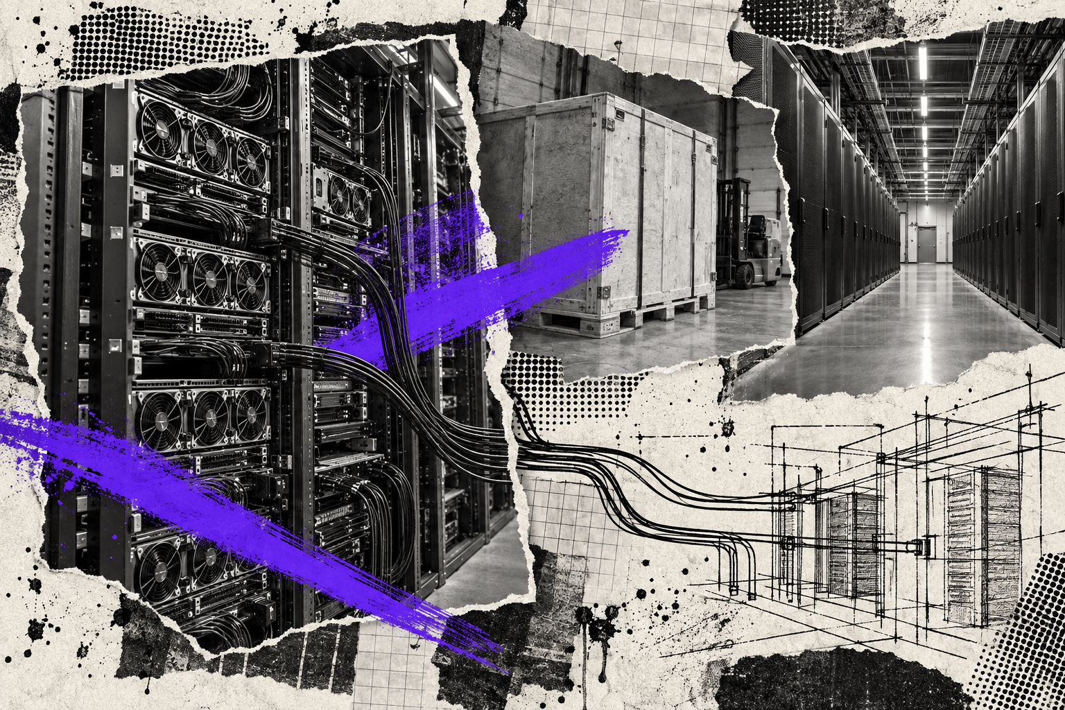 Black-and-white cut-outs of server racks and a data hall overlap beneath a violet brush stroke.