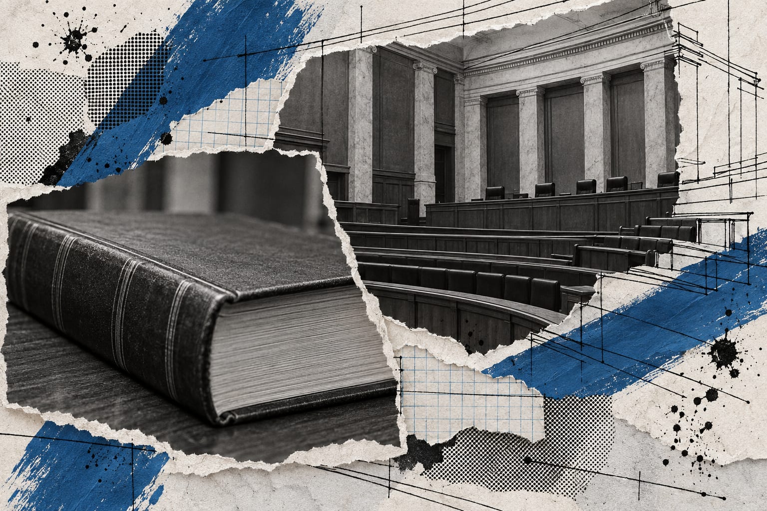 A layered editorial collage shows an empty generic courtroom gallery and an unmarked legal volume with black ink lines and cool blue painted strokes.