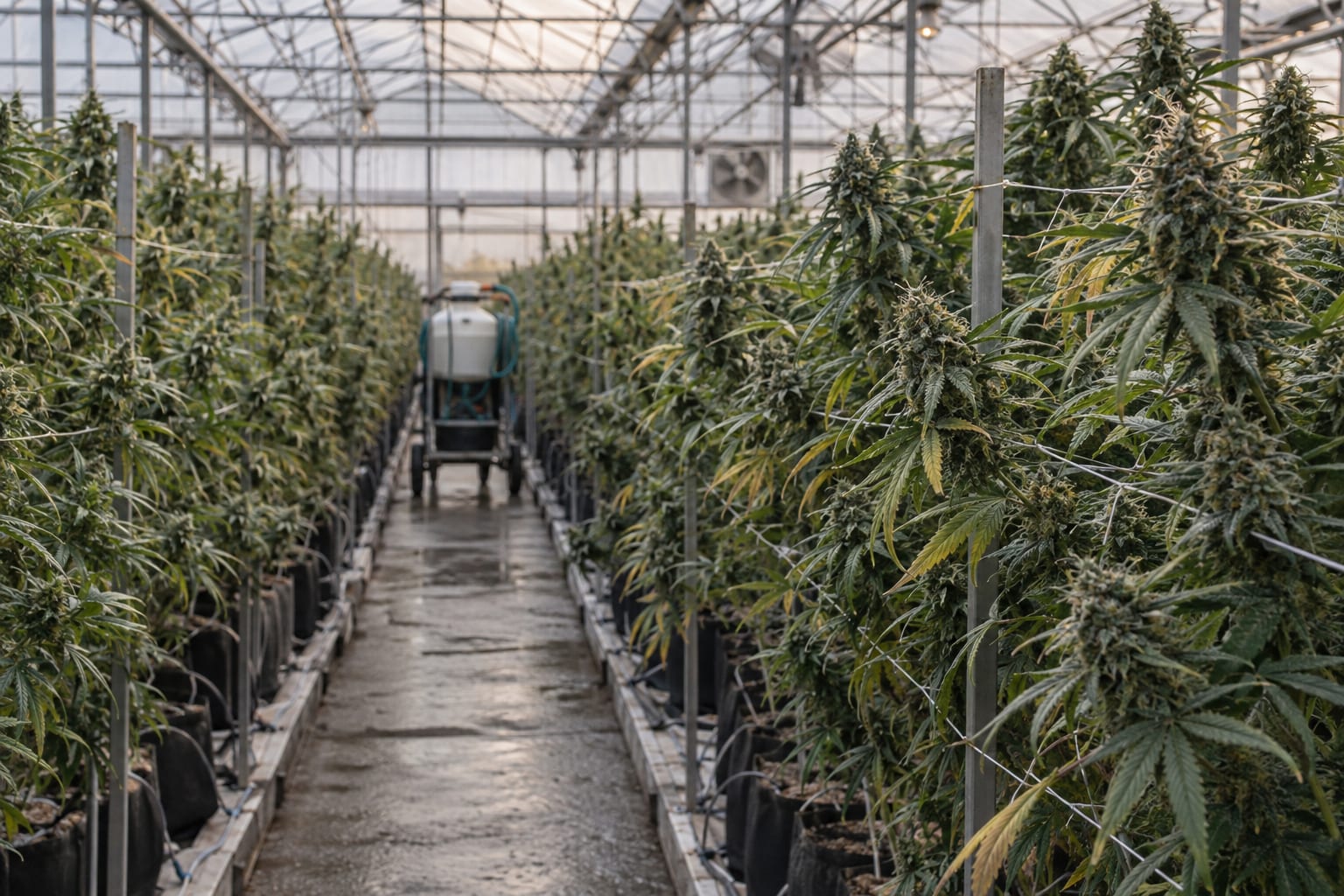 Rows of cannabis plants fill an anonymous greenhouse aisle under overcast light.