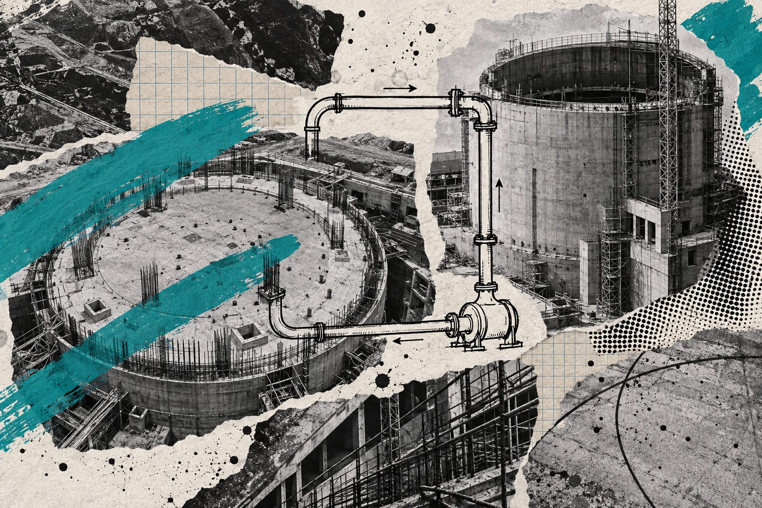 An editorial collage shows an anonymous concrete reactor foundation beside an unfinished containment shell.