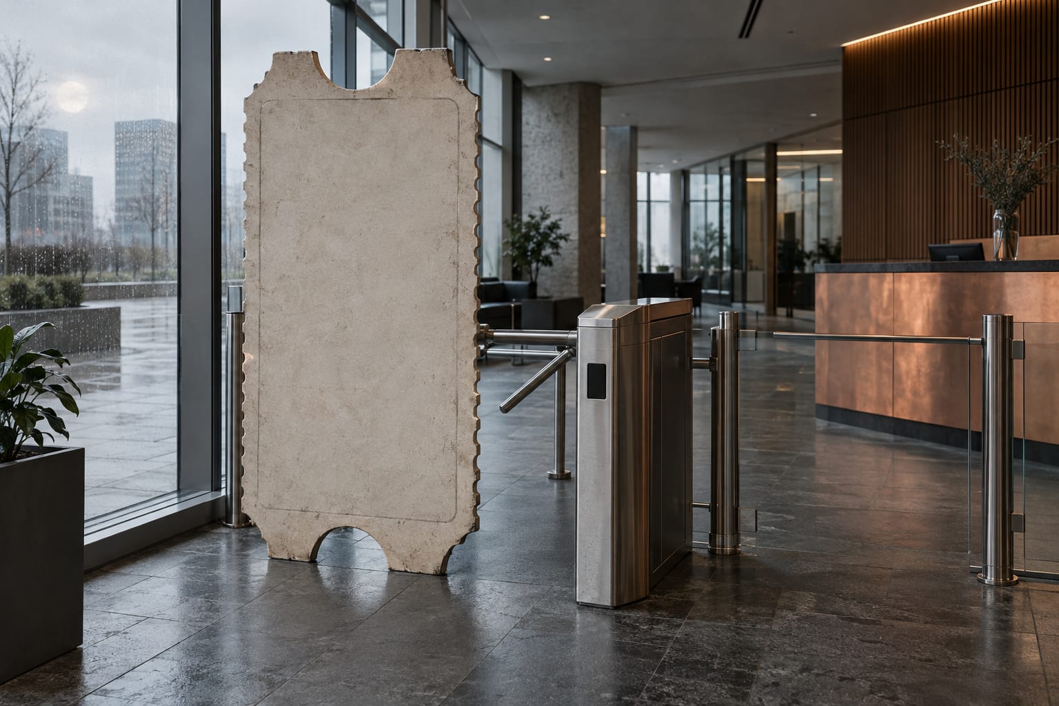 An oversized blank punched ticket stands beside a generic office reception turnstile under cool daylight.