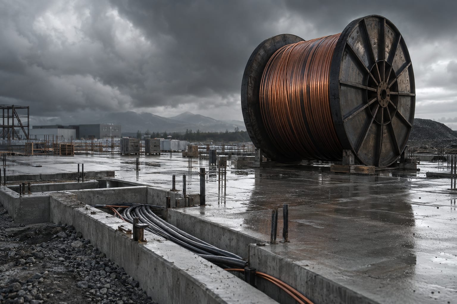 An oversized fibre spool rests beside a bare concrete foundation under a slate grey sky.