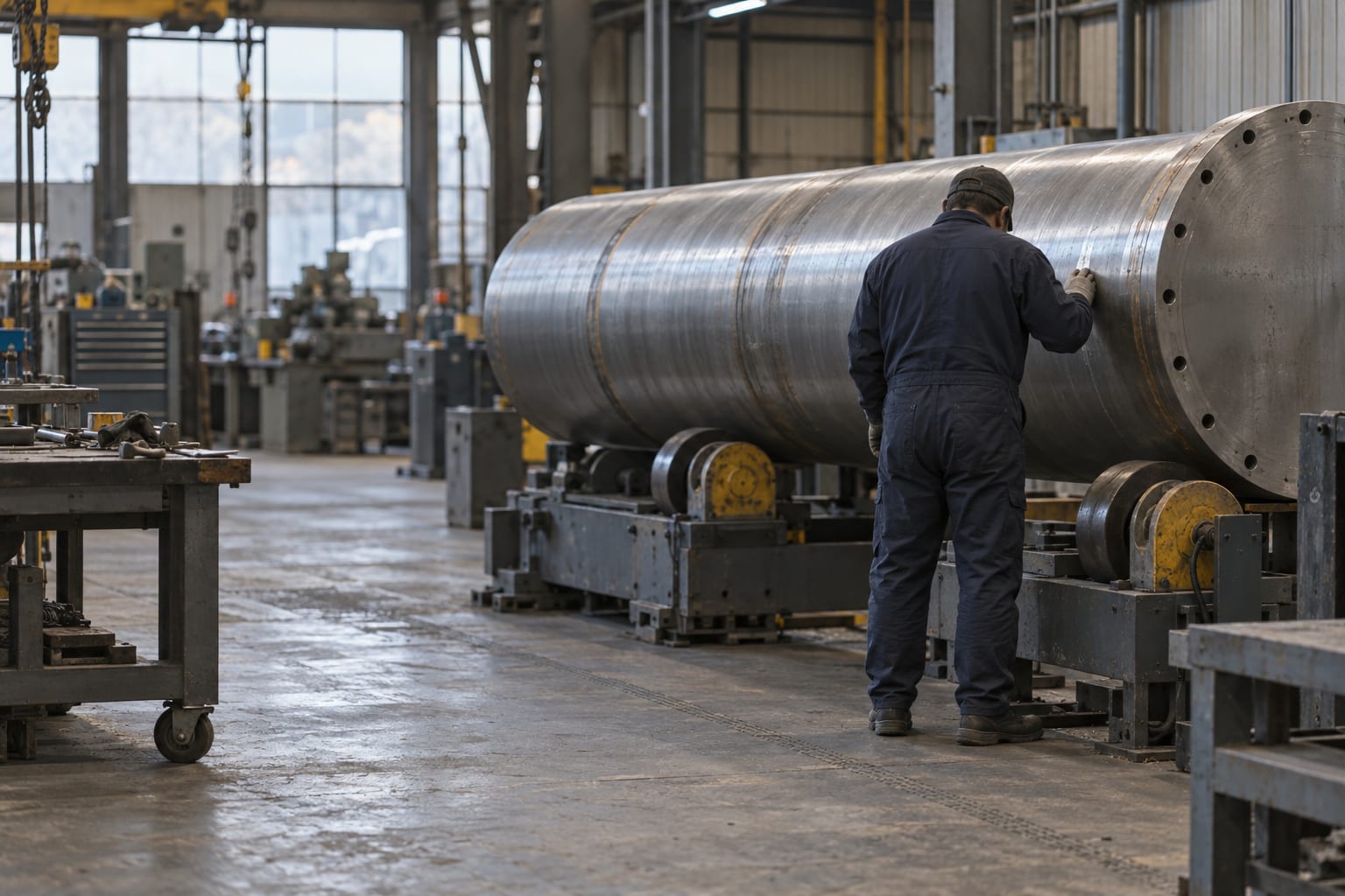 An anonymous metalworking plant contains a cylindrical steel assembly on rollers while a worker inspects it from behind.