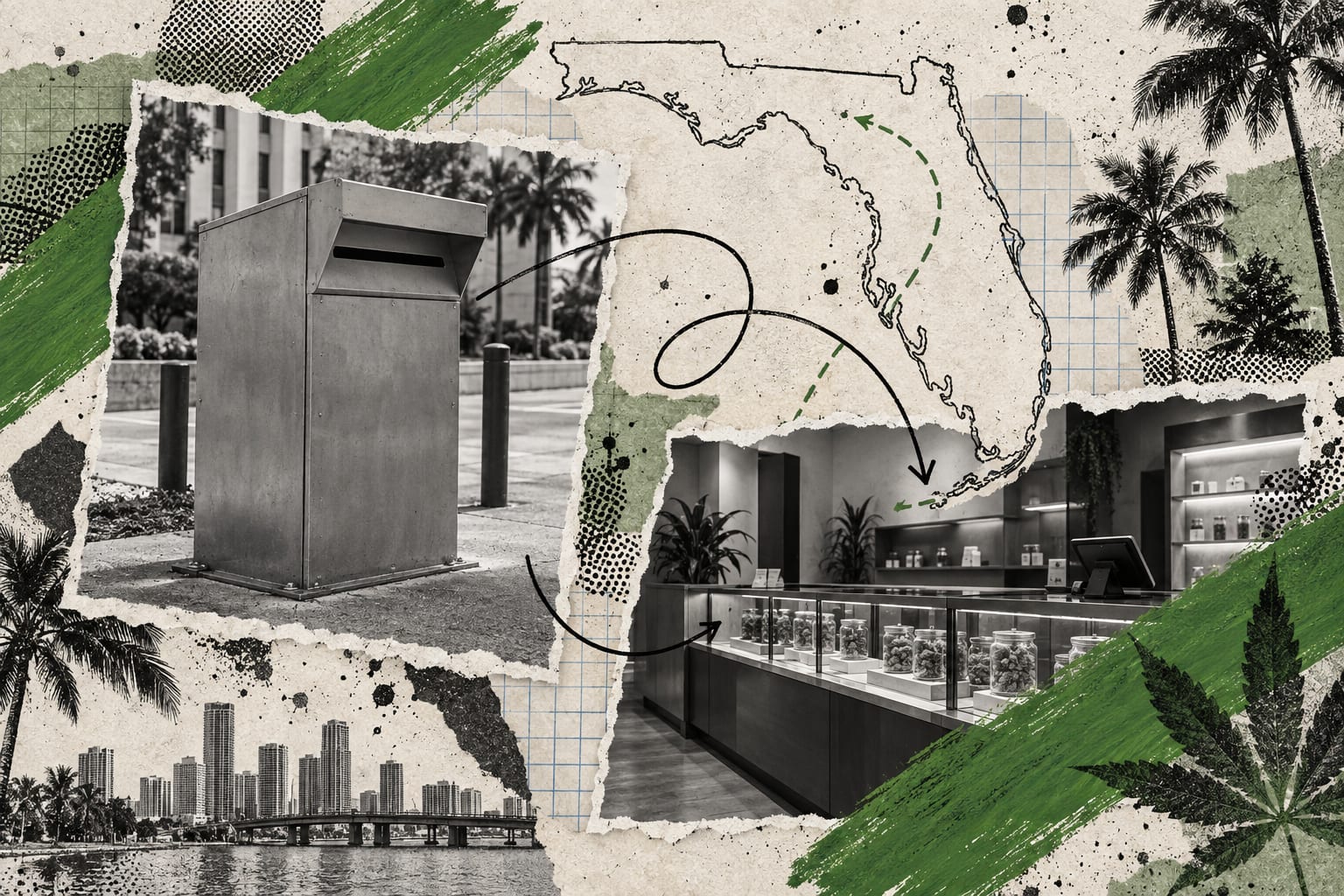 A ballot drop slot and an empty dispensary counter appear in a leaf-green editorial collage.