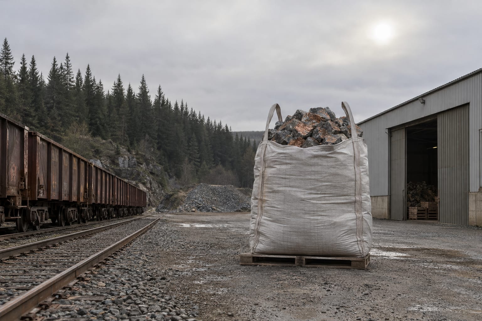 An oversized unmarked mineral sample bag stands beside a warehouse at a gravel freight siding.