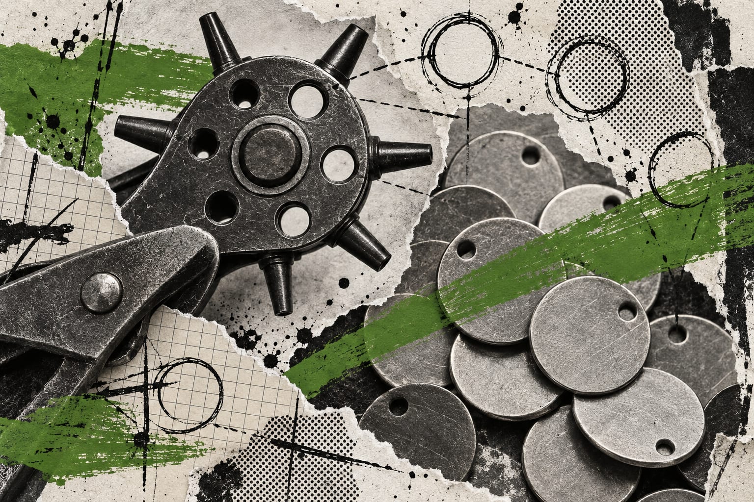 A collage shows a rotary punch wheel and unmarked counting tokens crossed by leaf-green strokes.