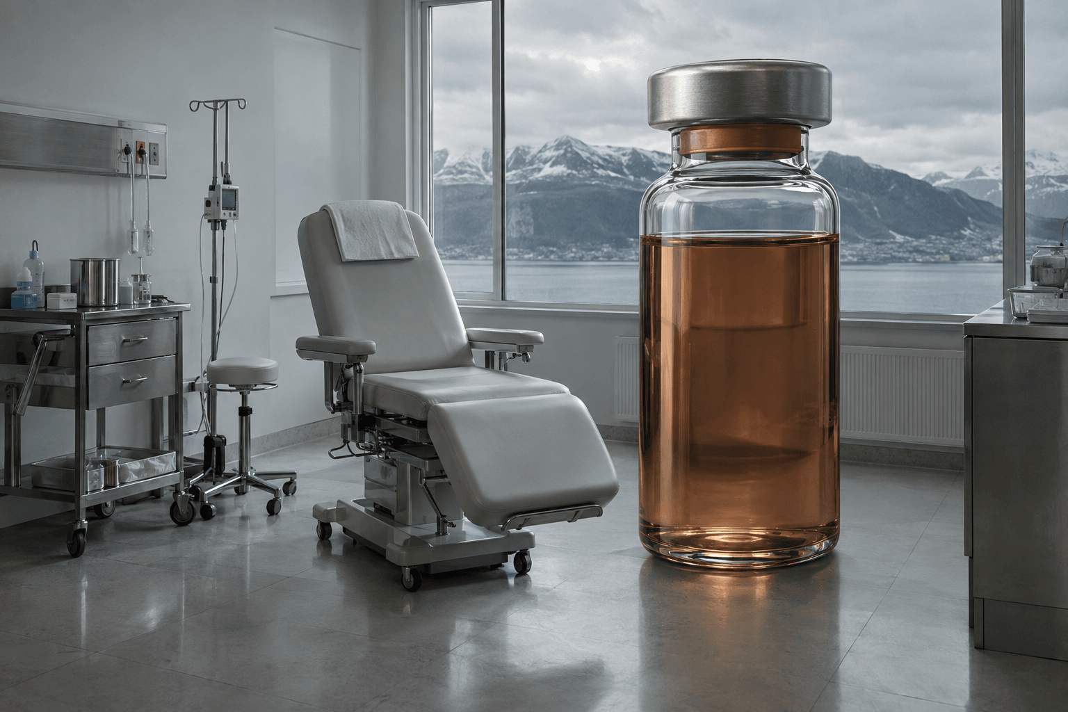 A sealed injection vial as tall as an examination chair stands in an empty clinic treatment room.