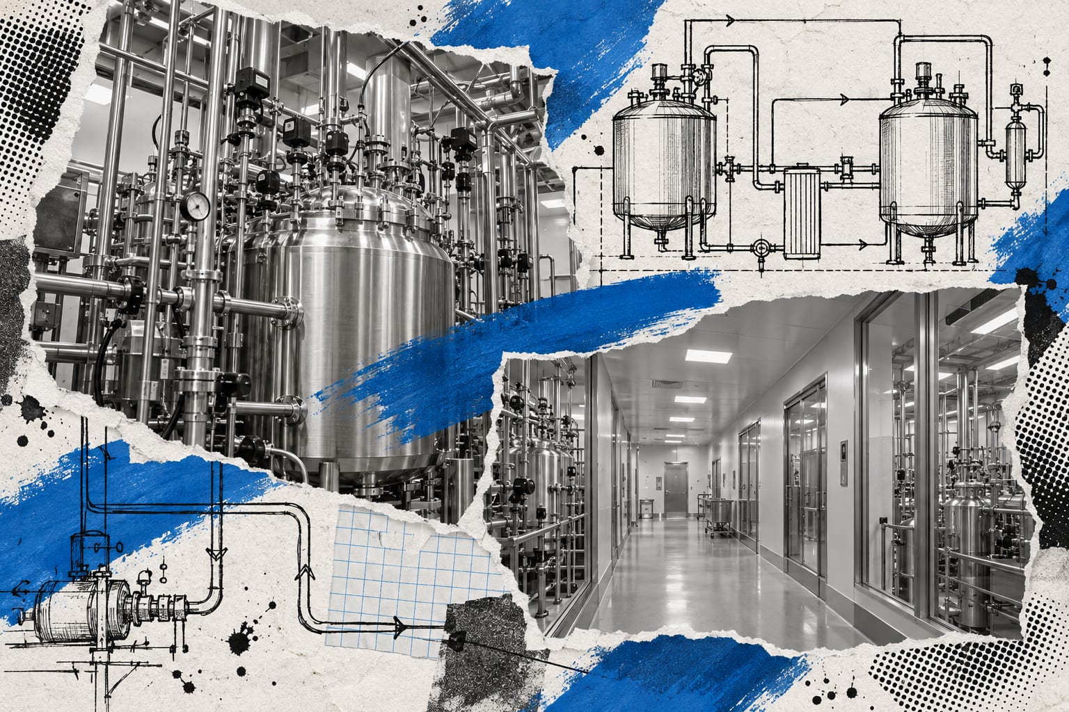 A layered collage shows anonymous stainless-steel drug manufacturing equipment and cool blue paint.