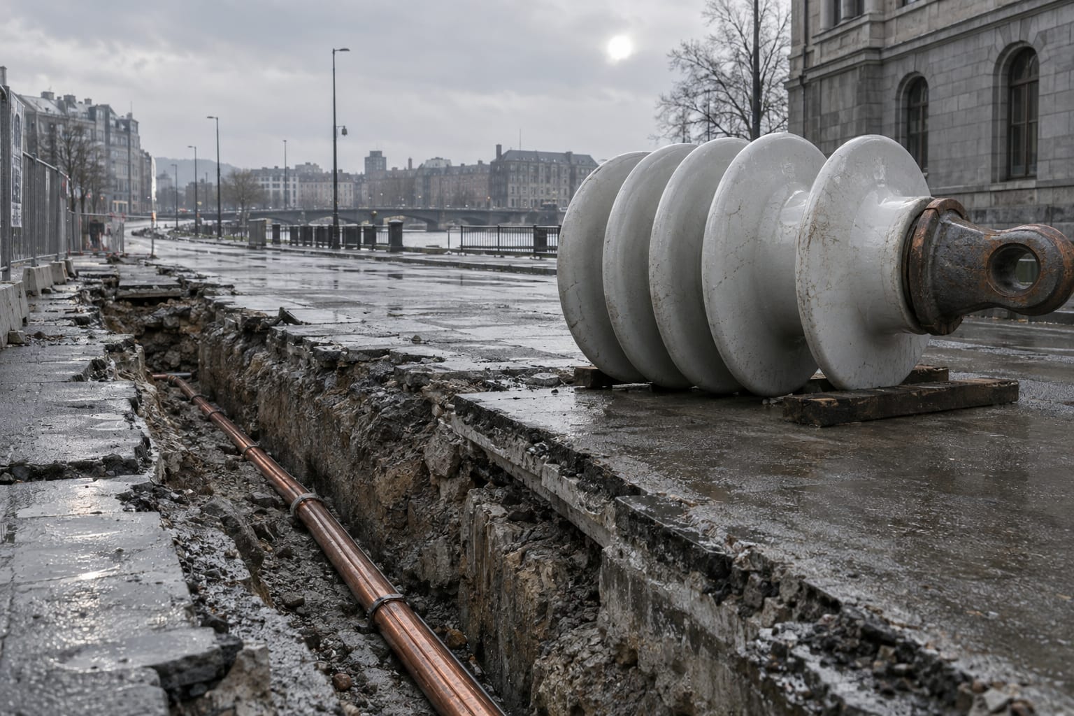 An oversized white porcelain power line insulator sits beside a wet urban utility trench.