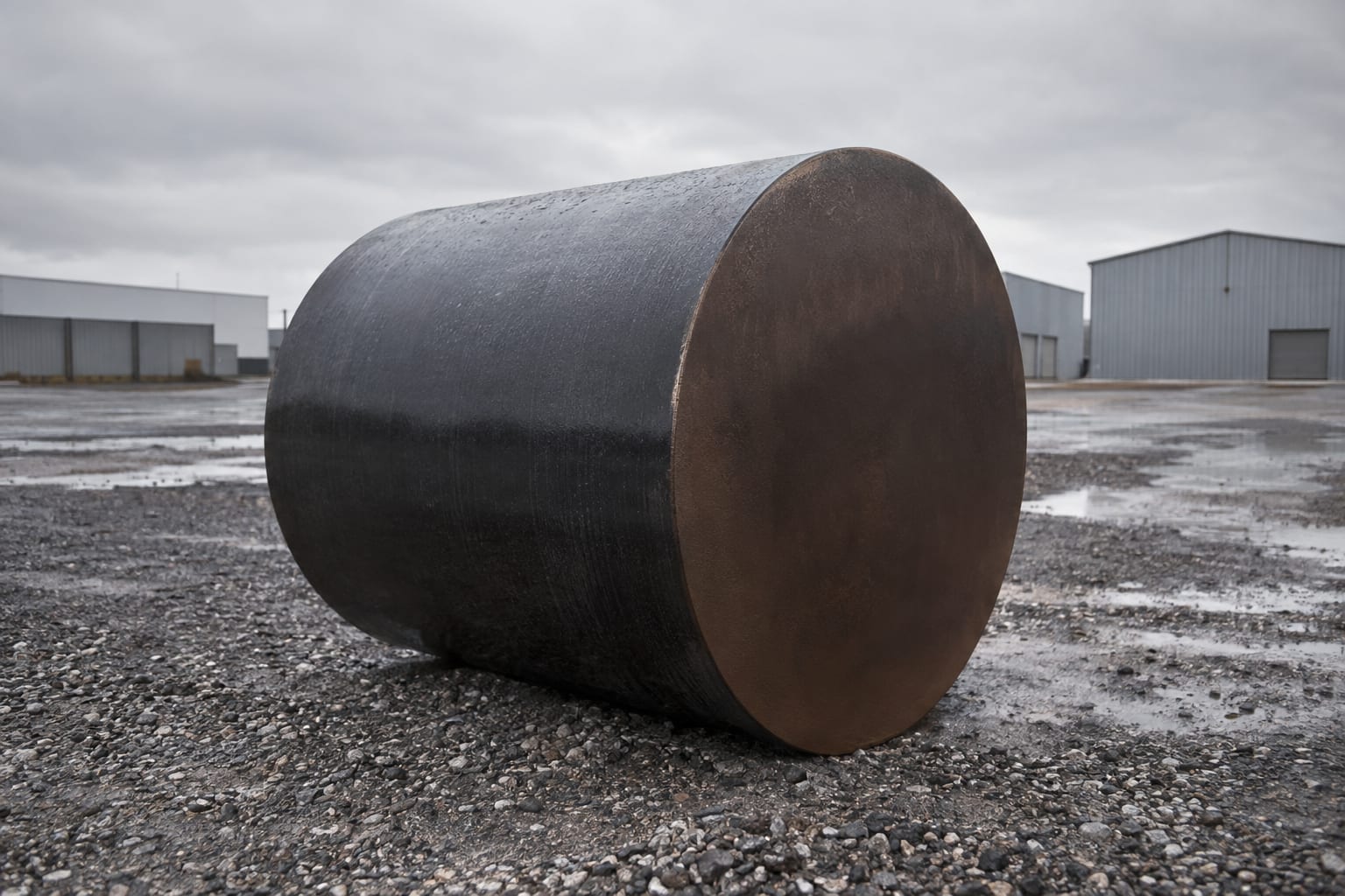 An oversized ceramic nuclear fuel pellet rests on damp gravel in an anonymous industrial casting yard.