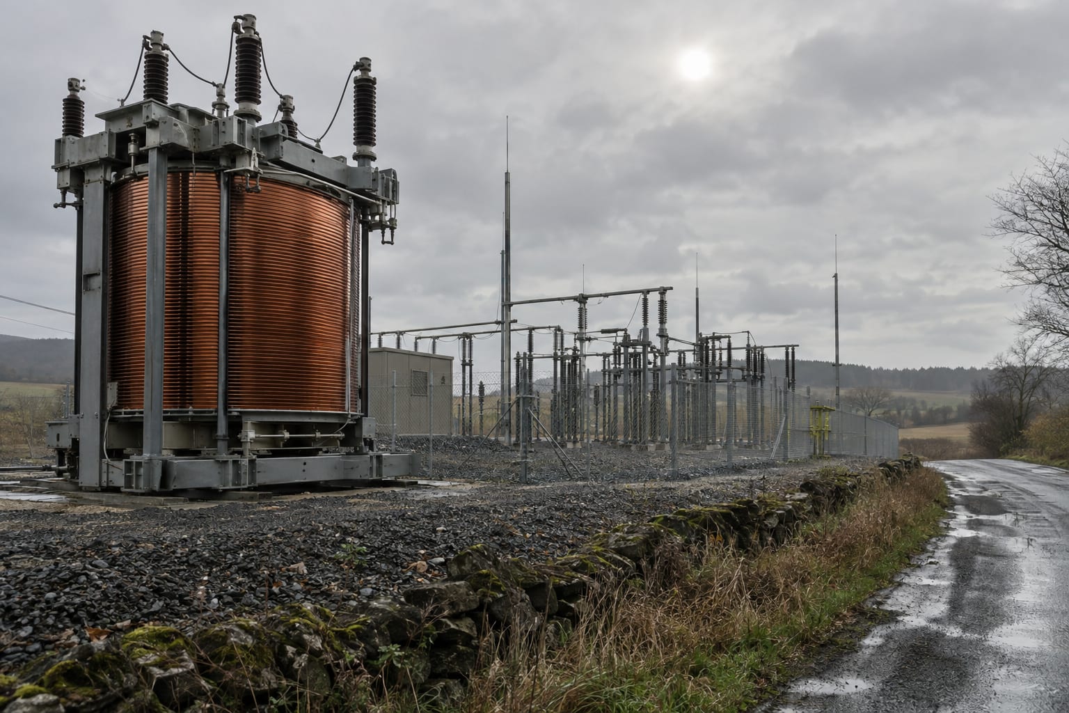 A giant copper transformer coil stands beside an anonymous fenced electrical substation on an overcast day.