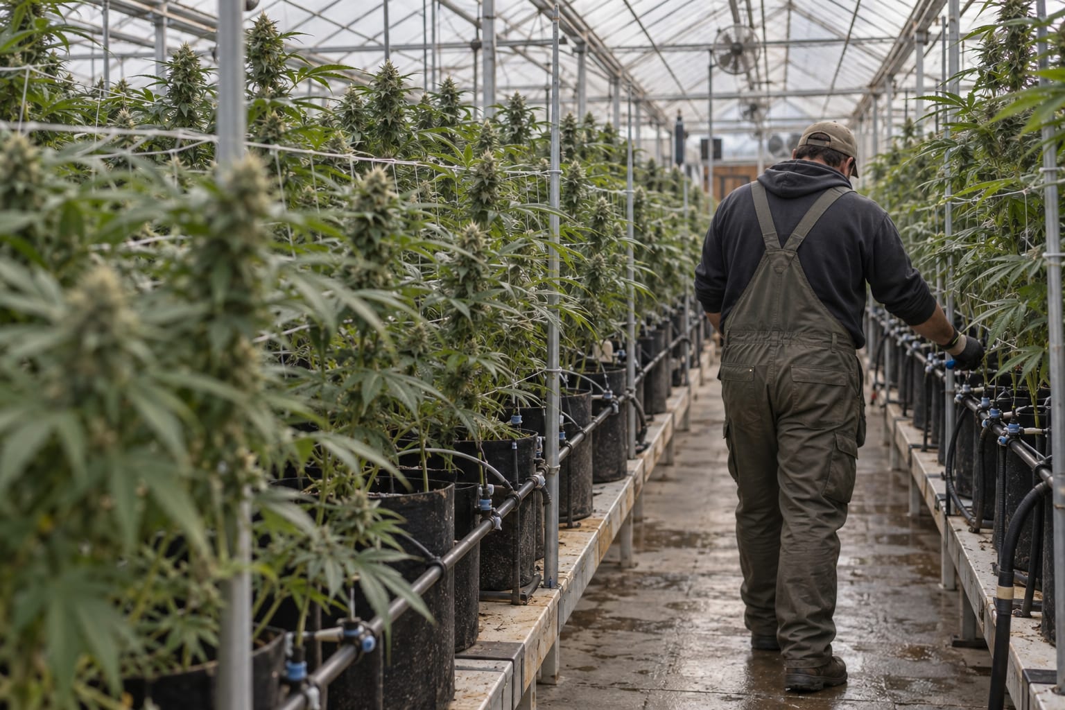 A worker seen from behind checks irrigation lines between cannabis rows in a generic greenhouse.