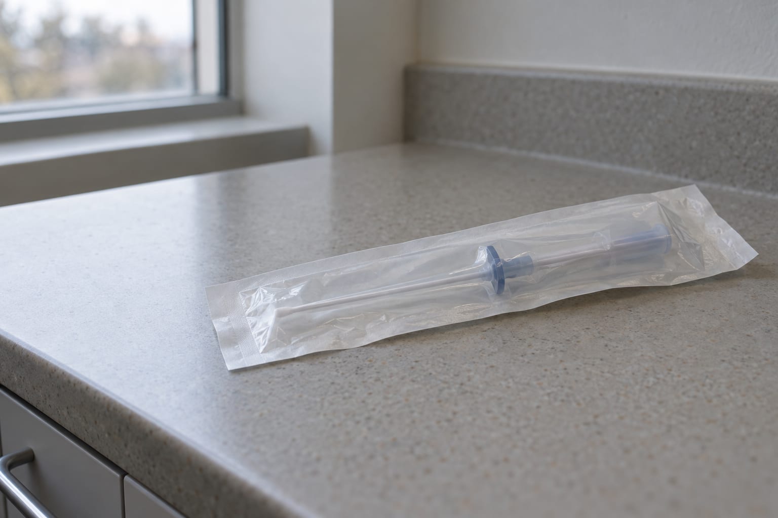 A sealed medical inserter package rests on an examination-room preparation counter under cool daylight.