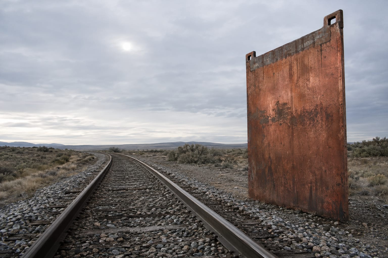 An oversized copper anode plate stands beside an empty railway siding in open scrubland.
