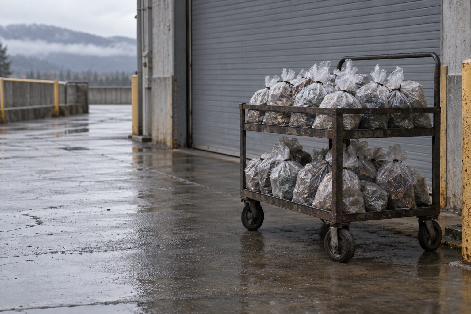 Unlabelled mineral sample bags sit on a rolling cart outside an anonymous assay laboratory loading dock.