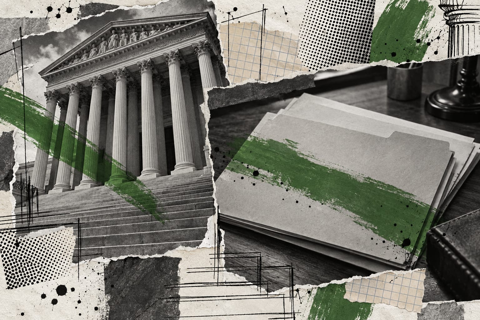 A mixed media collage combines an anonymous courthouse portico and an unmarked folder with leaf-green brush strokes.