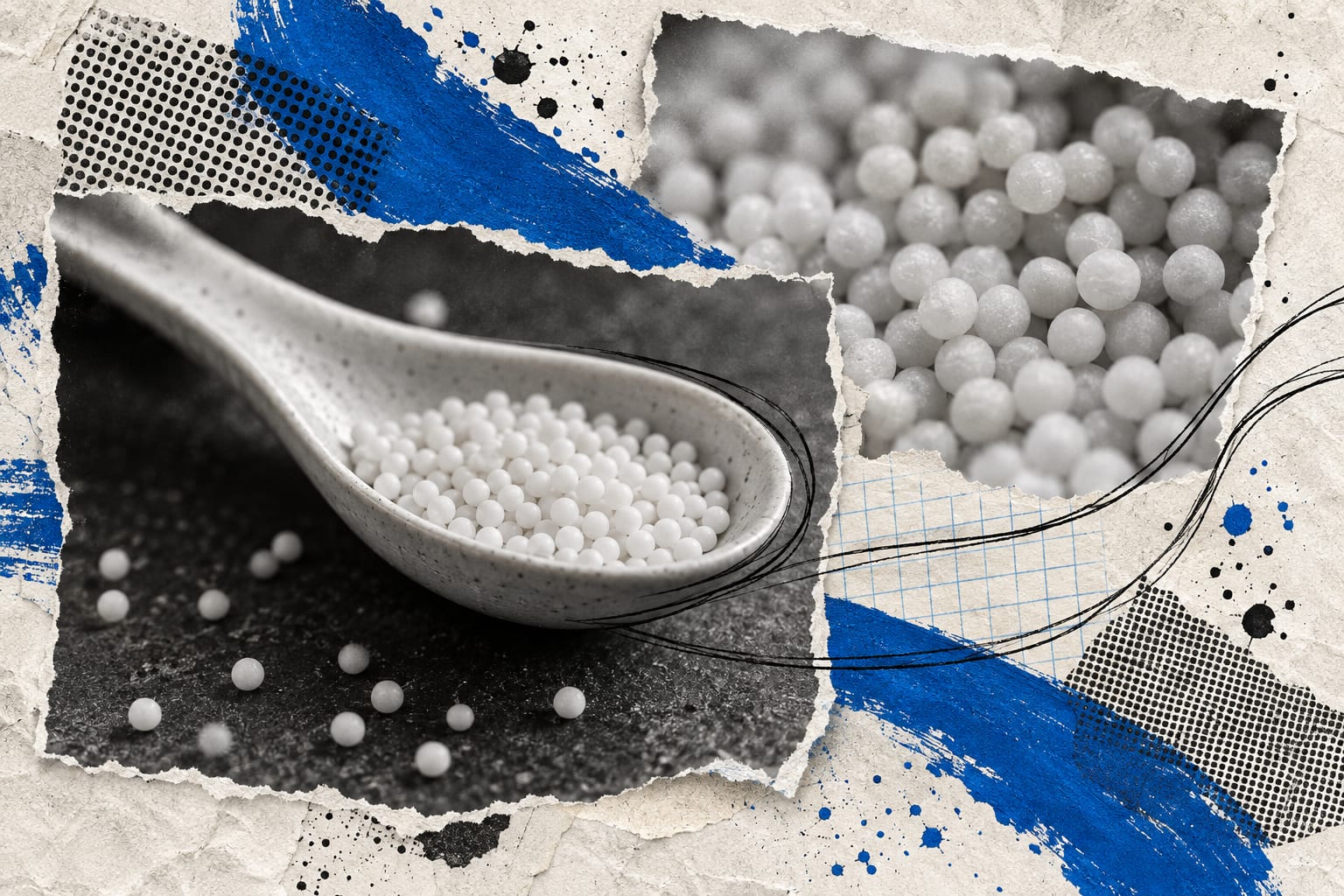 A mixed-media collage shows a ceramic spoon holding medicine granules beneath cool blue painted strokes.