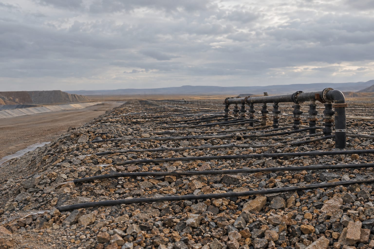 Black irrigation hoses cross an ore heap beneath an overcast sky.