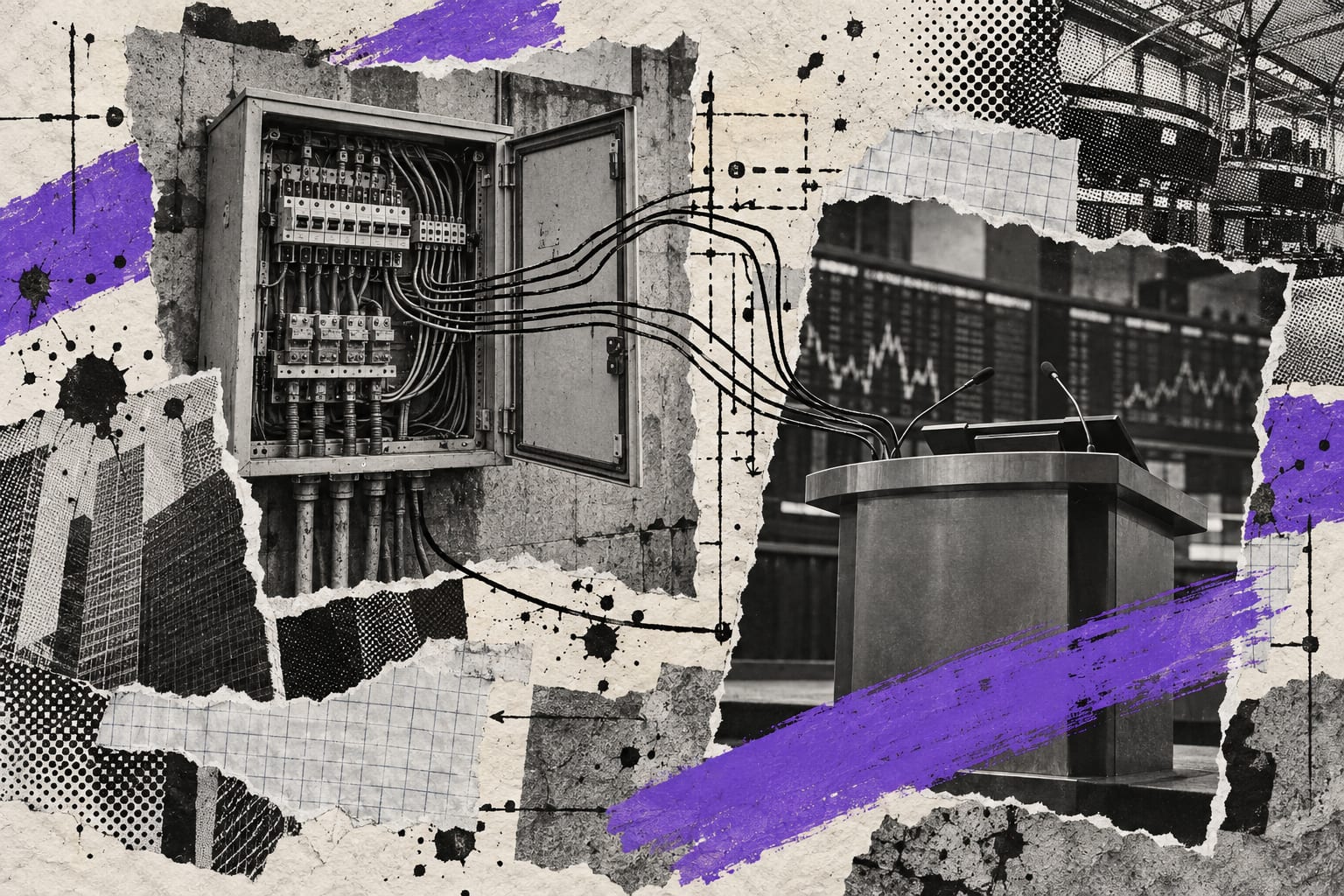 Black-and-white cut-outs of a power distribution cabinet and an empty securities trading lectern overlap beneath violet paint and ink lines.